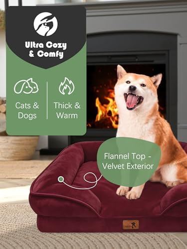 Spotted Play Orthopedic Dog Bed with Sides - Sofa Beds for Medium Dogs, Supportive Foam Pet Couch Bed with Washable Removable Cover, Waterproof Lining and Non-Slip Bottom, Burgundy - M - Image 2