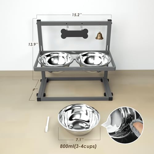 SHAINFUN Elevated Dog Bowls - Raised Stand with 2 Stainless Steel Bowls, Adjustable Height Feeder for Small and Medium Dogs, Puppies, Cats - Grey - Image 5