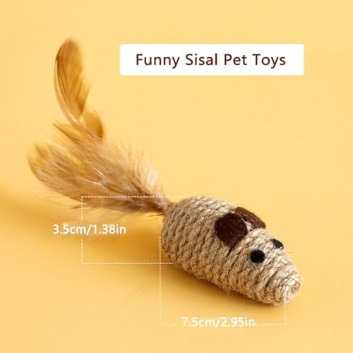 3 Pack Cat Mouse Toys with Feather Tail Rattling Noise Sound Natural Sisal Cat Toys Teeth Cleaning Dental Chew Toys Interactive Cat Mice Toy Mice Cat Toys for Indoor Cats Kittens Puppies - Image 2