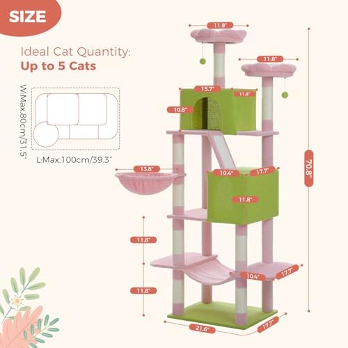 MUTTROS Flower Cat Tree Tall 70.8" for Adult Indoor Cats, 8-Levels Large Cat Tower with 8 Sisal Posts, 2 Hammocks, 2 Condos, Big Perch & 3 Pom Poms for Multi-Cats Household – Carpet Pink - Image 7