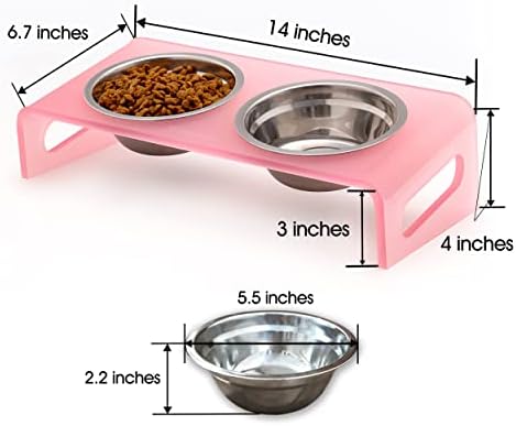 Tilted Raised Elevated Food and Water Bowls Stand for Cat or Small Dogs - Puppy's Clear Acrylic Stainless Steel Dishes Holder for Boy or Girl Pet,Modern,Durable and Easy to Clean by WBhonghui (Pink) - Image 2