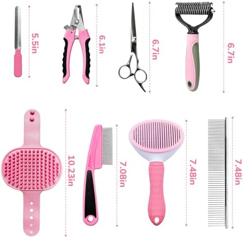 Dog Brush & Grooming Kit – 9-Piece Pet Brush & Deshedding Set for Shedding, Bathing, Trimming & Nail Care | Grooming Tools for Dogs & Cats, Includes Comb, Nail Clipper, Scissors, Slicker Brush (Pink) - Image 2