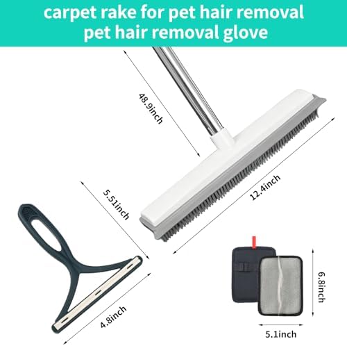 Carpet Rake for Pet Hair Removal, Adjustable Rubber Broom with Squeegee, 4-Piece Pet Hair Remover Kit with Gloves & Scraper for Dog & Cat Hair, Rugs, Couch, Car Seats - Image 2