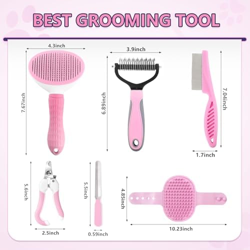 Dog Brush Grooming Kit 6PCS Dog Brush for Shedding-Dogs Brushes for Grooming, Dematting Comb for Dogs, Nail Clipper with Nail File, Flea Comb, Cat Bath Brush-Pink - Image 2