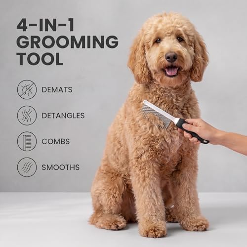 POODLIE Poodle Pet Dog Combs for Grooming Matting - Metal Comb for Dogs with Long & Short Stainless Steel Teeth - Dematting Comb for Cats to Remove Matted Hair & Knots, Black - Image 7
