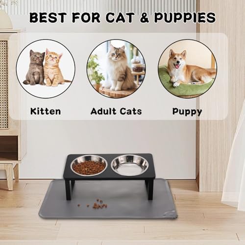 Summark 2Pack Elevated Cat Bowls with Food Mat,15°Tilted Stand Anti Vomiting Raised Cat Dishes for Food and Water,2 Stainless Steel Bowls for Cats and Puppy,Black - Image 7