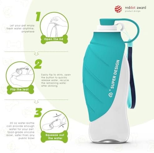 SUPERDESIGN Dog Water Bottle, Portable Dog Water Bottle for Small to Large Dogs, Leak Proof Dog Travel Water Bottle, Large Leaf Travel Water Bowl for Dogs and Dog Walking Accessories (19.6OZ, Blue) - Image 2