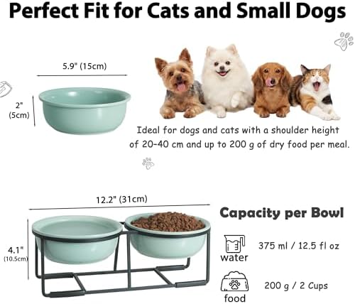 Ceramic Elevated Dog Bowl Set - Double Dog Food and Water Bowls with Metal Stand - Raised Pet Dishes for Puppies and Cats - 2 Cups - 12.5 fl oz - Green - Image 2