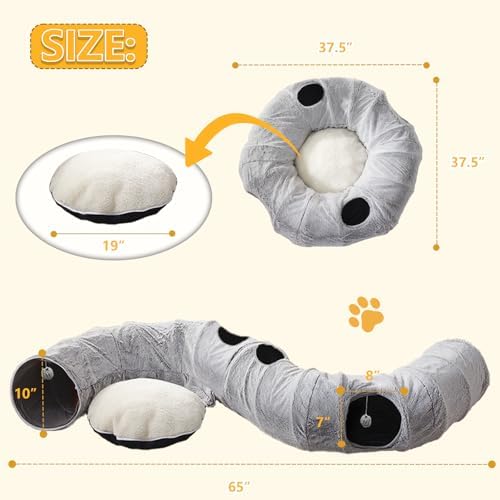 WINDRACING Cat Tunnel Bed for Indoor Cats - Cute Cat Donut Tunnel with Washable Circle Cushion, Round Pet Play Toy for Kitten/Puppy/Rabbit, Grey - Image 2