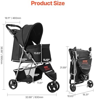 VEVOR Pet Stroller, 35 lbs Weight Capacity, Foldable Dog Cart, 3 Wheels Cats Carts with Mesh Windows and Cup Holders, Portable Pet Carrier Stroller with Brake, for Small to Medium Pets - Image 2
