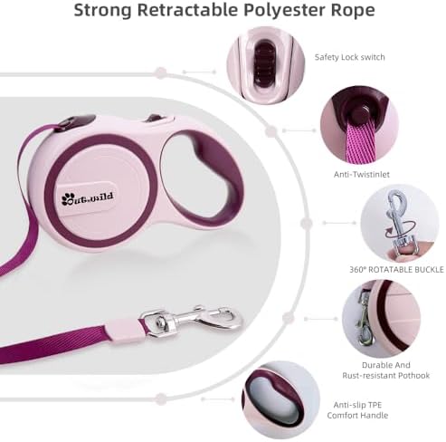 OUTnWILD Retractable Dog Leash - Retractable Dog Leash 16ft for Small/Medium Breeds/Pets Up to 44lbs. 360° Tangle Free Design with One Touch Quick-Lock Braking System&Anti-Slip Handle. (Pink, M) - Image 2
