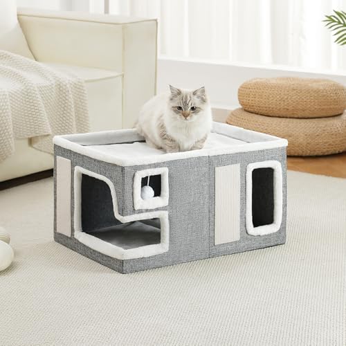 Large Cat Houses for Indoor Cats, Extra Wide Cat Cave Bed with Scratch Pad and Fluffy Ball, Foldable Cat Hideaway Condo for Large Cats, Modern Kitten Bed,23x16x13 inches (Grey, X-Large) - Image 7