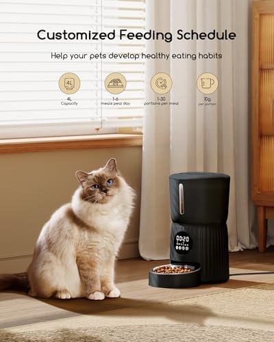 Faroro Automatic Cat Feeder, 4L Cat Food Dispenser with Portion Control, 1-6 Meals Per Day, 10s Voice Recording, Slow Feed, Dual Power Supply for Cats and Small Dogs (Black) - Image 2