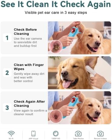 Pet Ear Camera Cleaning Kit with Screen, Dog & Cat Ear Cleaner with 50 Finger Wipes, Gentle Soft Otic Ear Cleaning Pads, Helps Clean Dirt, Wax & Odor-Causing Buildup, Non-Irritating, Blue - Image 2