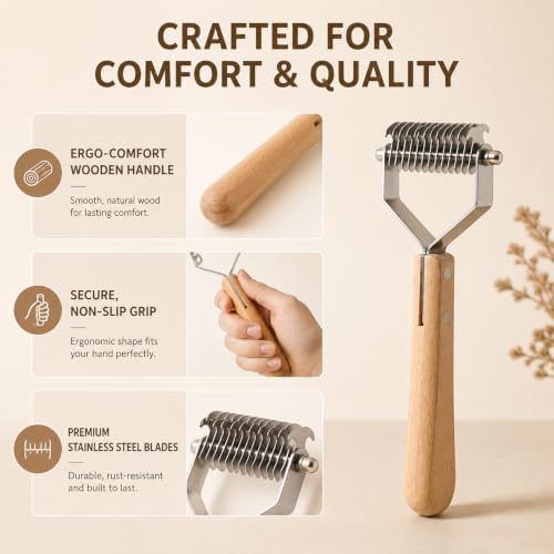 ROCK APE Undercoat Rake for Dogs & Cats, Dual-Sided Dematting Comb and Deshedding Tool for Mats, Tangles & Loose Fur, Rounded Teeth, Natural Wood Handle, Small 13+7 Teeth - Image 2