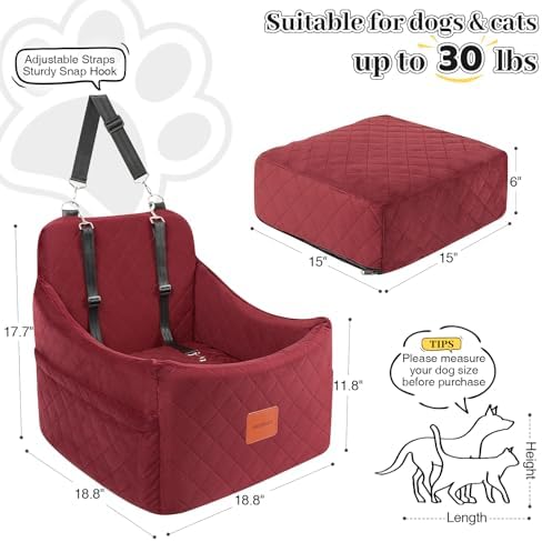 Dog Booster Car Seat for Dogs up to 35lbs, Safety Pet Car Seats with Anti-Slip Bottom, Travel Booster Dog Bed with 2 Storage Pockets (Wine Red, Medium) - Image 2