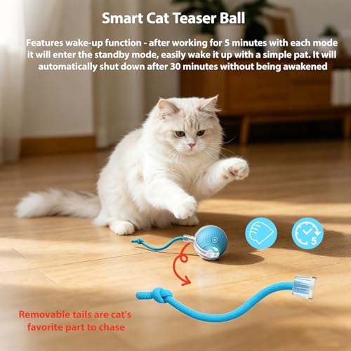 Interactive Cat Toys Ball for Indoor Cats, Automatic Self-Rolling, Motion-Activated, Bird Chirping Cats Dogs Ball Toy with Elastic Mesh Tail, Cat Enrichment Toys for Indoor Cats (Red+Blue) - Image 7