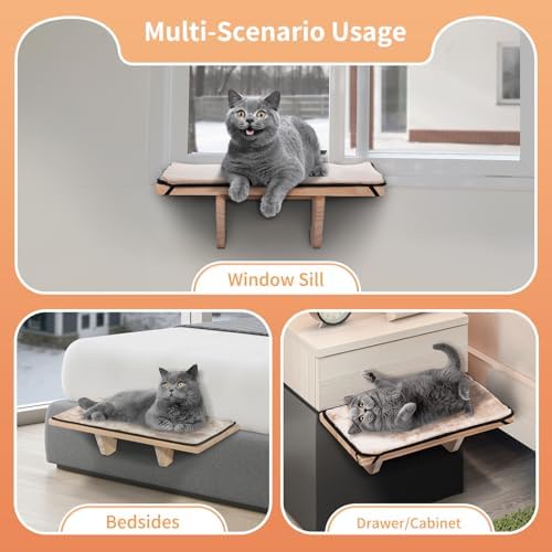 PETSFIT Cat Window Perch, Solid Wood, Fleece Mat, Windowsill Bedside Drawer - Image 2