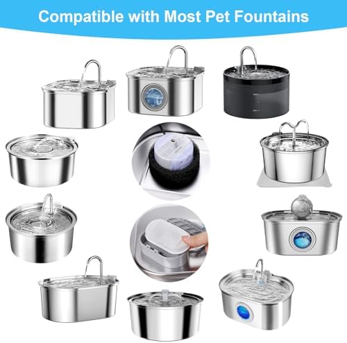 Replacement Filters for Cat/Dog Water Fountain - Stainless Steel, 108/3.2L, 67oz/2L Stainless Steel Pet Fountain(16 Filters&16 Sponges) - Image 2