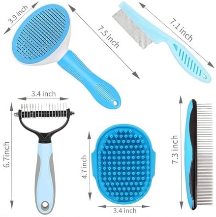 5-in-1 Grooming Kit - Supplies for Short and Long Hair Dogs, Bath Brush, Dematting Rake and Comb (Set of 5, Blue) - Image 2