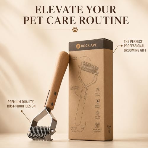 ROCK APE Undercoat Rake for Dogs & Cats, Dual-Sided Dematting Comb and Deshedding Tool for Mats, Tangles & Loose Fur, Rounded Teeth, Natural Wood Handle, Small 13+7 Teeth - Image 7