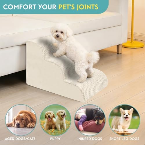 Dog Stairs for Small Dogs, Pet Stairs Steps Ramp for Puppy, Older Cat, Stairs with Whole High Density Foam, Corduroy Fabric, Non-Slip Bottom Dog Steps for Bed and Couch (Beige, 3-Step (H: 15.7IN)) - Image 7