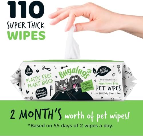 BUGALUGS Dog Wipes, 100% Plastic Free Biodegradable pet Wipes for Full Body, Eye Wipes, Ear Wipes, Bum & Paws. 110 Sensitive Dog Grooming Wipes for Dogs, Puppy & cat Grooming (Fragrance Free) - Image 2