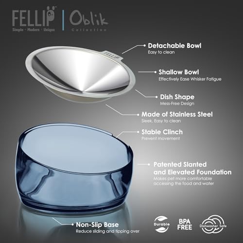 Felli Pet Oblik Whisker Fatigue Cat Food Bowl Raised Stainless Steel Shallow Dish, Pet Design Anti Vomit Tilted Metal Plate Feeder Elevated Acrylic Base (Shadow, 0.5 Cups Shallow Dish) - Image 2