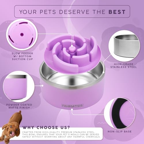 FAHRMOSIS 64 OZ Dog Bowl with Slow Feeder Insert Stainless Steel Pet Water Bowl for Medium & Large Breed Non Slip Rubber Base & Plastic Puzzle Feeder - Lavender - Image 2