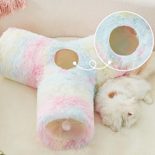 Tempcore Plush Pet Cat Tunnel Tube Cat Toys 3 Way Collapsible, Tunnels for Indoor Cats,Kitty Tunnel Bored Pet Toys Peek Hole Ball Puppy, Kitty, Kitten, Rabbit Rainbow - Image 7