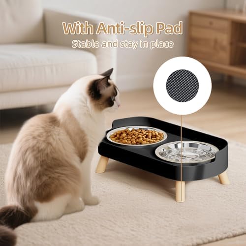 Elevated Cat Bowl, Raised Cat Food and Water Bowl Set for Indoor Cats, Splash Proof with 2 Stainless Steel Pet Food Bowls for Cats and Puppies, Whisker Fatigue and Dishwasher Safe - Black - Image 7