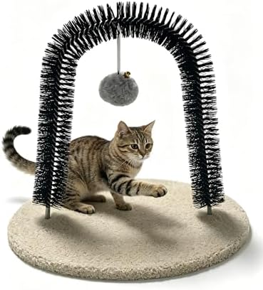 Cat Arch Grooming Brush, Self Groomer wtih Solid Wood Scratching Pad Rubbing Post & Toy with bell Pet Scratchers Fur Massager Cat Face Head Self Grooming Brush for Kittens Small Cats - Image 2
