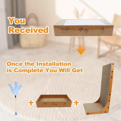 Goosheep 22in L-Shaped Cat Scratcher 2-in1 Scratching Board for Indoor Cats Protecting Furniture Cardboard Box Scratch Pad, Scratching Posts with Feathered Toy - Image 2
