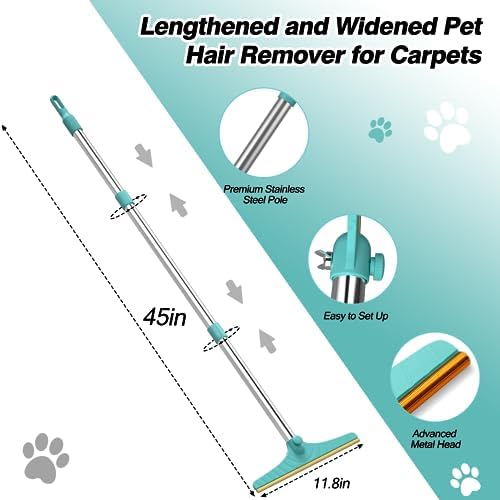 Carpet Rake for Pet Hair Removal - Reusable Pet Hair Remover, 45” Adjustable Long Handle Cat Dog Carpet Rake Scraper with Patented Design, Dog Hair Rake Brush for Rugs, Mats - Image 2
