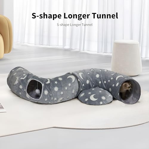 Cat Tunnel Bed for Indoor Cats with Washable Cushion Cat Cave Donut Tunnel with Fluffy Ball Big Round Tube Pet Playground Toys Soft Plush Peekaboo for Kitten, Cat, Puppy, Rabbit, Ferret(Moon Star) - Image 2