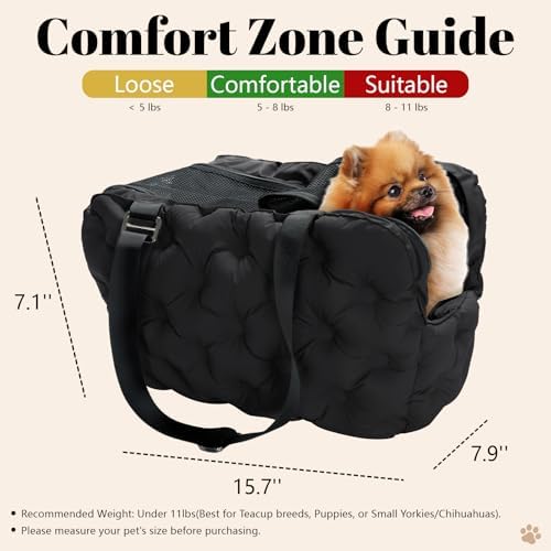 Dog Purse Carrier for Small Dog Cats, Soft Quilted Puppy Carrier Soft-Sided Carriers Bag, Luxury Stylish Small Dog Cat Travel Tote for Pets Up to 11 lbs (Black, 15.7" L x 7.9" W x 7.1" H) - Image 2