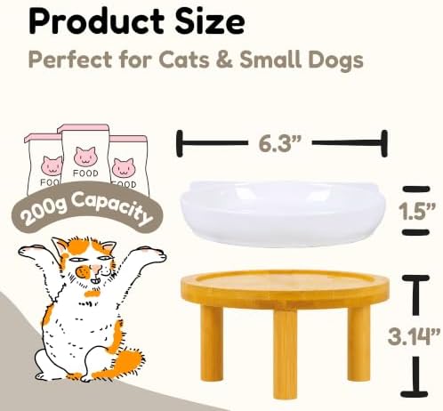 Elevated Ceramic Cat Bowls with Bamboo Stand for Cat Bowl, Whisker Friendly Shallow Cat Plate, Stable Raised Cat Food Riser for Indoor Cats (White, Set of 1) - Image 2