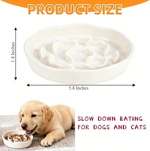 Pet Feeding Bowls, Ceramic Slow Feeder Dog Bowl - Heavy Weighted Blue Bloom Food Dish for Small to Medium Dogs - Non-Slip, Microwave & Dishwasher Safe Pottery Maze to Fast Eating (Milky White) - Image 2