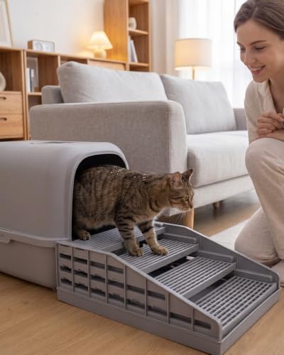 Adjustable Cat Stairs, Litter Box Step DIY Stackable with Litter Catcher & Anti-Tracking Grid, Non-Slip Cat Staircase for Senior Small Cats Kittens, Fit Most Litter Boxes (Grey) - Image 7