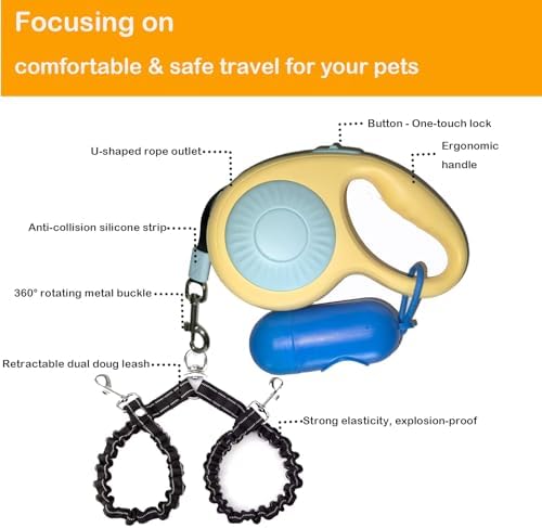 Double Dog Leash for Walking 2 Small Dogs (Up to 33 Lbs Each), Dual Retractable 9.8ft Extendable Strong Nylon Tape Pet Leash with Poop Bags, One-Handed Brake, Pause, Lock (Blue) - Image 2