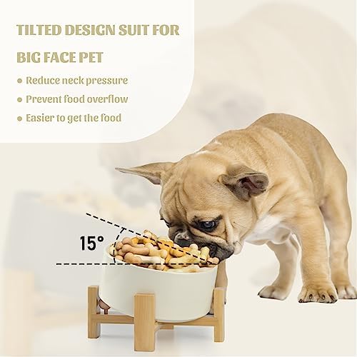 SPUNKYJUNKY 15° Slanted Ceramic Dog and Cat Bowl with Wooden Stand, Tilted Bulldog Food and Water Bowl No Slip Non-Spill for Cats Medium Dogs Big Face Pets 28.7 OZ (3.6 Cups, Beige) - Image 2