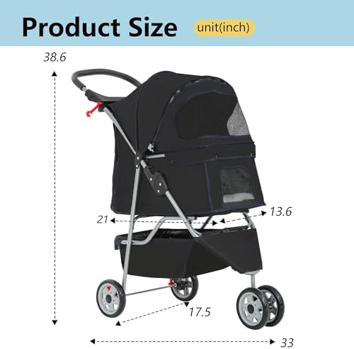 FDW Pet Stroller 3-Wheel Durable Foldable Cat Dog Stroller with Washable Liner Storage Basket Cup Holder,Dark Black - Image 6