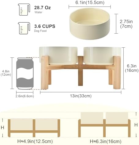SPUNKYJUNKY Elevated Dog Bowls Ceramic, 6.1'' Dogs and Cat Food Water Bowls Raised with Non-Slip Bamboo Stand for Medium Sized Breed Microwave Dishwasher Safe - 28.7 OZ,Beige - Image 2