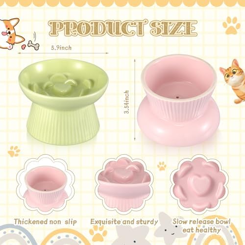 Layhit 2 Pack Raised Slow Feeder Cat Bowls Ceramic Elevated Cat Food Bowls Anti Vomiting Slow Feeder for Dog and Kitten for Dry and Wet Food(Green, Pink) - Image 2