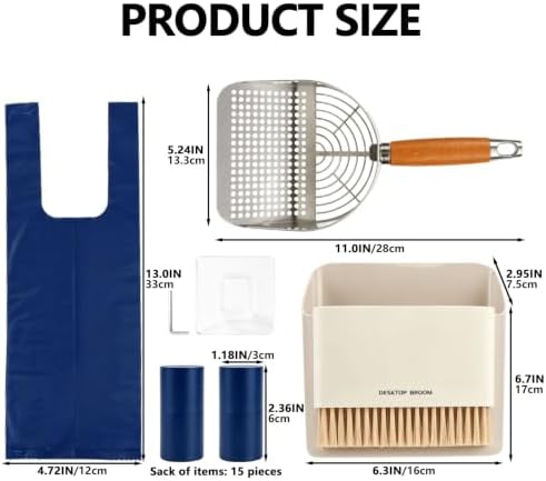 Cat Litter Scoop, Stainless Steel Litter Box Scooper Set, Included 1 Kitty Litter Scooper, 1 Wrenches, 1 Set of Brooms and Dustpans, 15 Kitty Waste Bags - Image 7