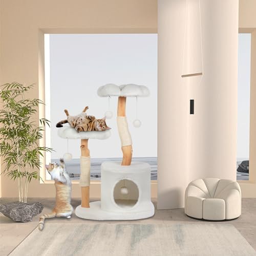 Cute Cat Tree Tower for Indoor Cats Adult, Wood Flower Cat Trees with 6 Pompoms, Modern Cat Tree Tower with Scratching Post, Aesthetic Luxury Cat Condo for Cats Kitten, Ivory - Image 2