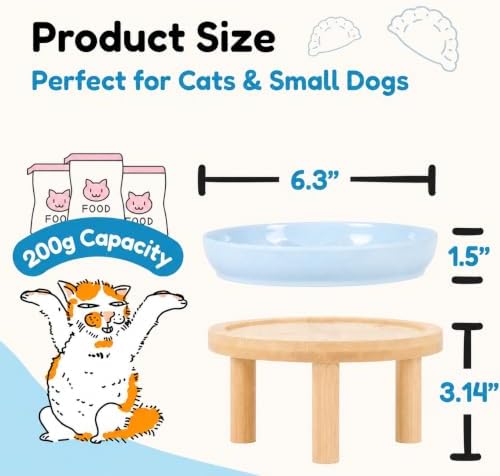 Slow Feeder Cat Bowls with Bamboo Stand, Ceramic Elevated Pet Food Plates for Cats and Small Dogs, Raised Non-Slip Feeder (Blue/6.3") - Image 2