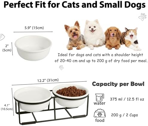 Ceramic Elevated Dog Bowl Set - Double Dog Food and Water Bowls with Metal Stand - Raised Pet Dishes for Puppies and Cats - 2 Cups - 12.5 fl oz - Matte White - Image 2