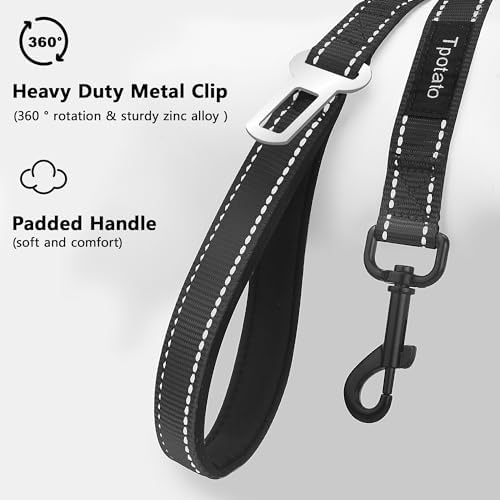 6 Foot Black Dog Leashes for Large Medium and Small Breed Dogs That Pull,Reflective Nylon Heavy Duty Dog Leash with 2 Comfortable Padded Traffic Handles and Car Seat Belt for Walking and Training - Image 2