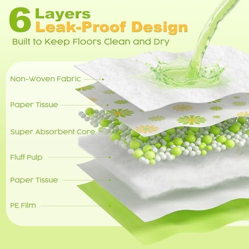 MIZOK Puppy Pads with Adhesive Tabs Green Daisy Prints Small 22x22in 100Ct - Image 6